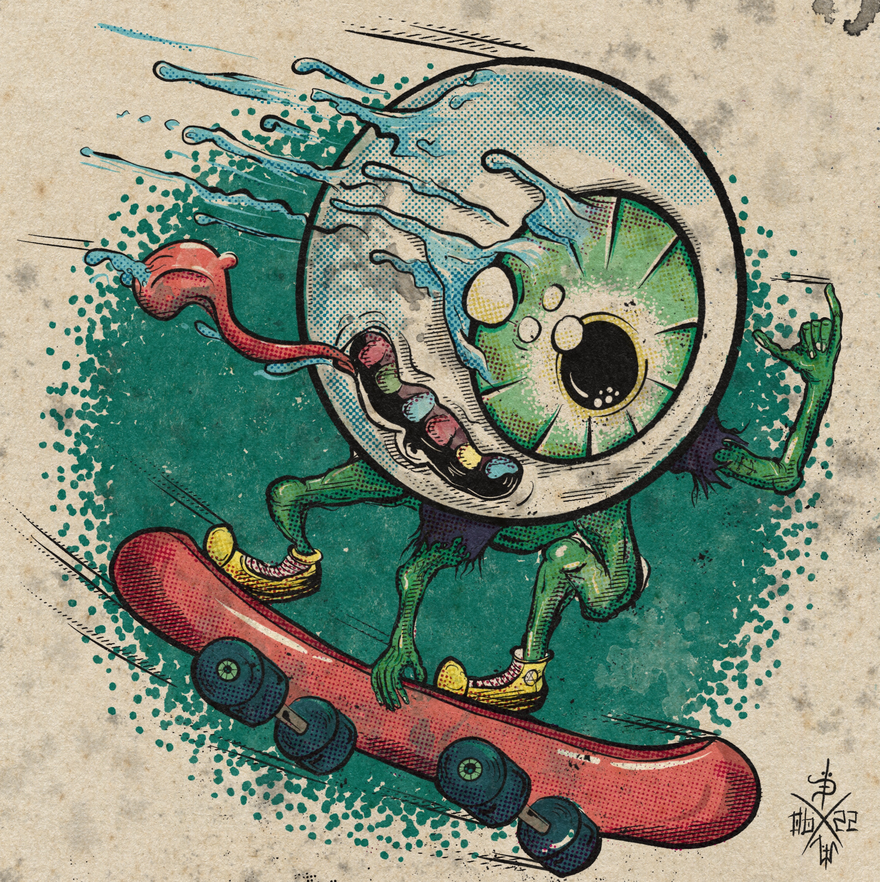 Green skater eyeball in action