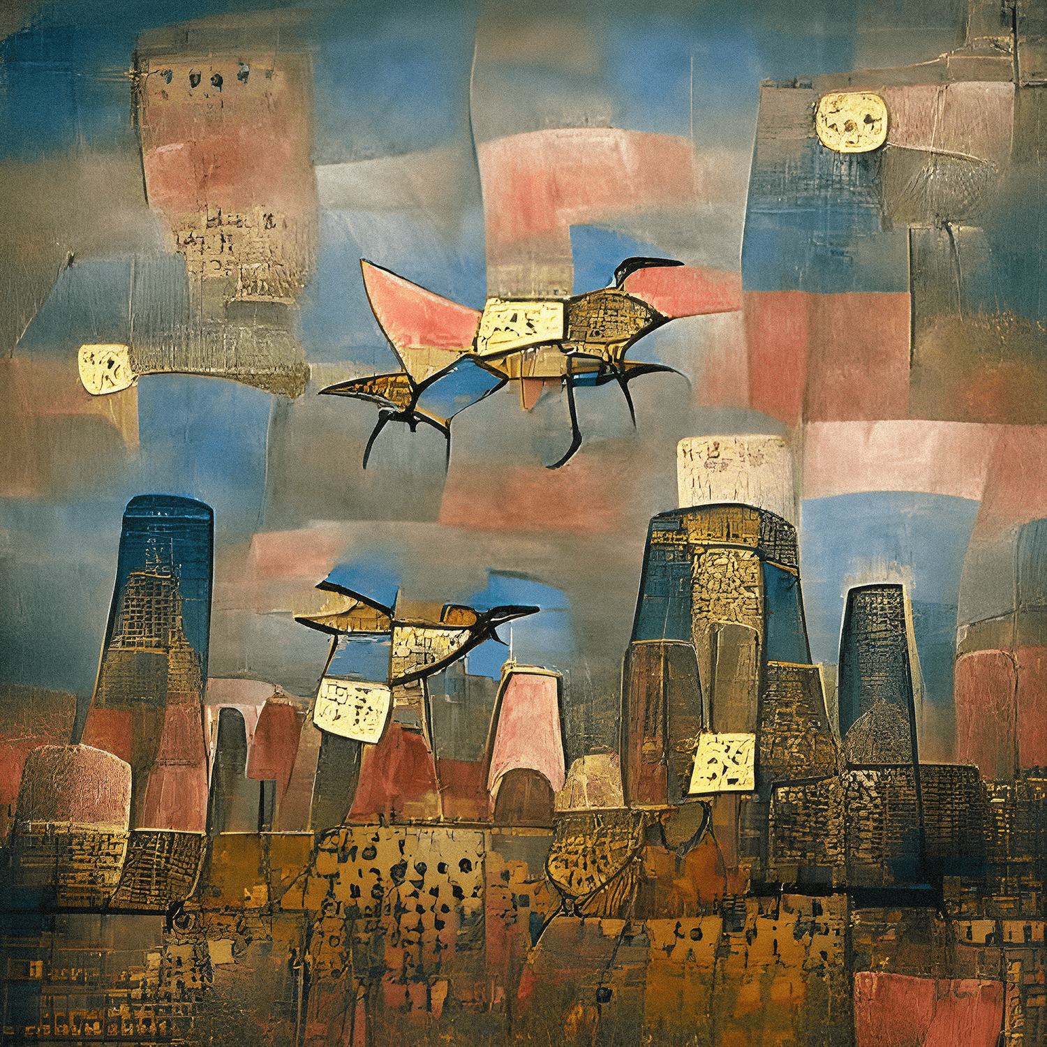 Robotic birds flying over a distopian city