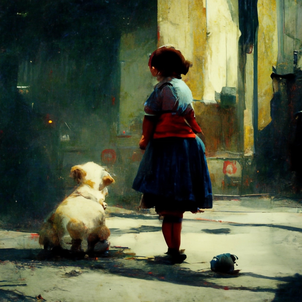 Little fat girl playing with a dog in the street #1