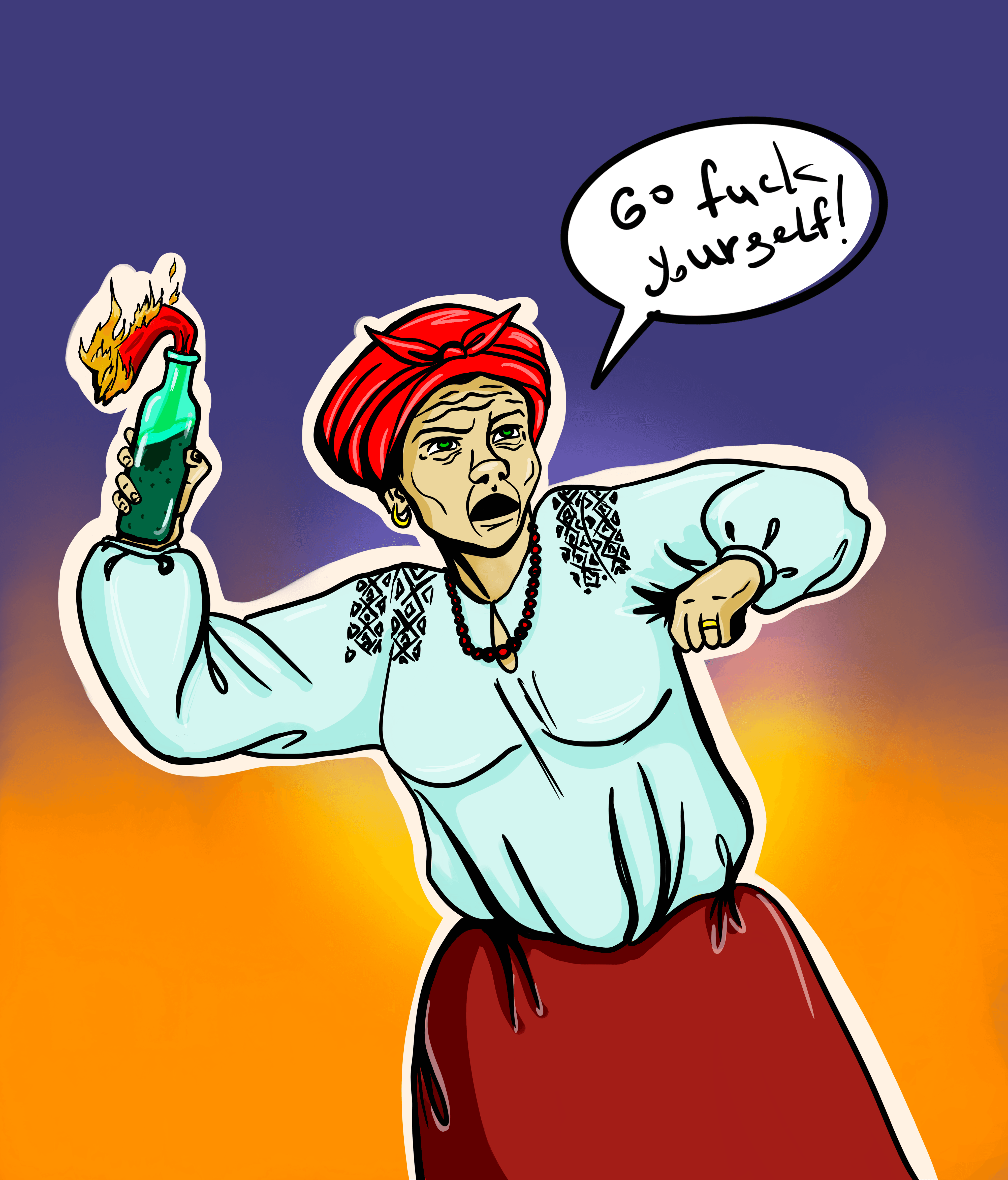 Baba Nadia with a Molotov cocktail