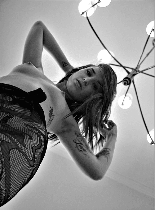 Black and White Topless Below Chandelier