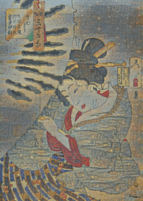 Looking cold - The appearance of a-Fukagawa-Nakamichi-Geisha-of-the-Tempo-era by Tsukioka Yoshitoshi in the style of Port of Marseille made by Henri Martin - art generated using Artificial Intellignece