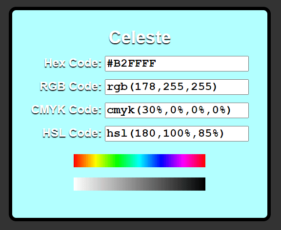 Celeste Color, b2ffff information, Hsl, Rgb