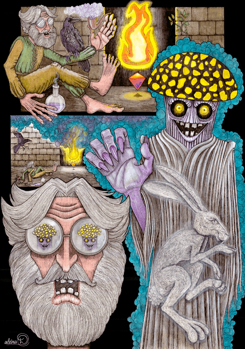 Magus Ixar of the Hills and Death Shroom Buttons of the Machine By Daniela Castaño
