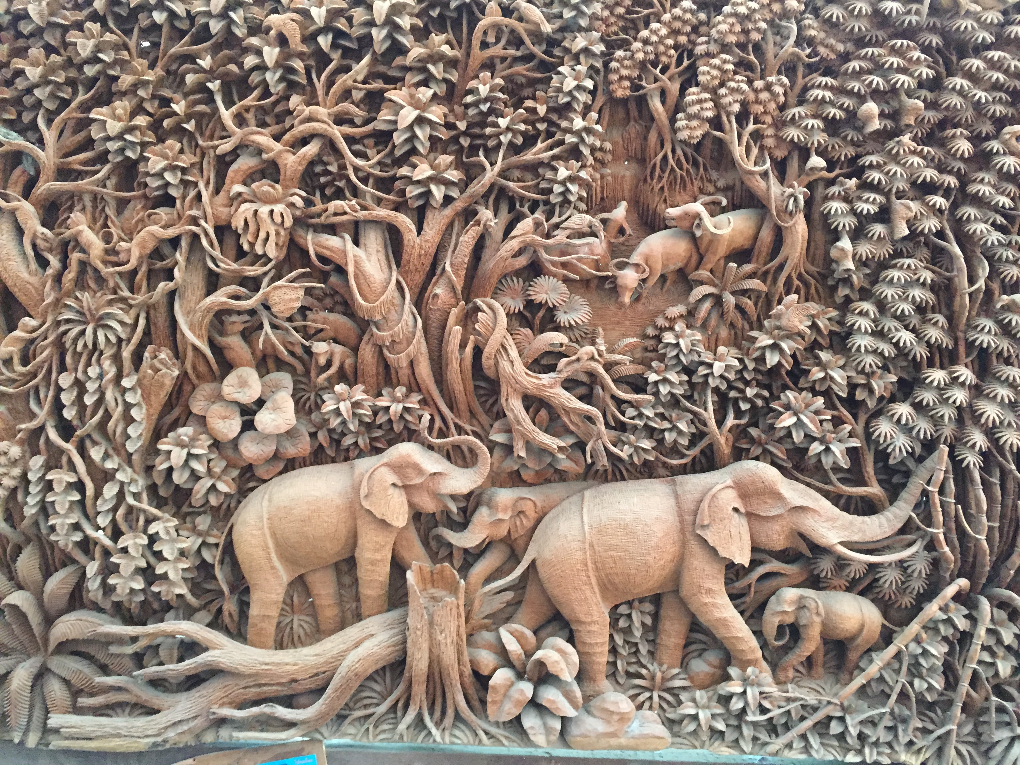 Teak Wood Hand Carved Natural Forest and Animals Elephant and Goat family