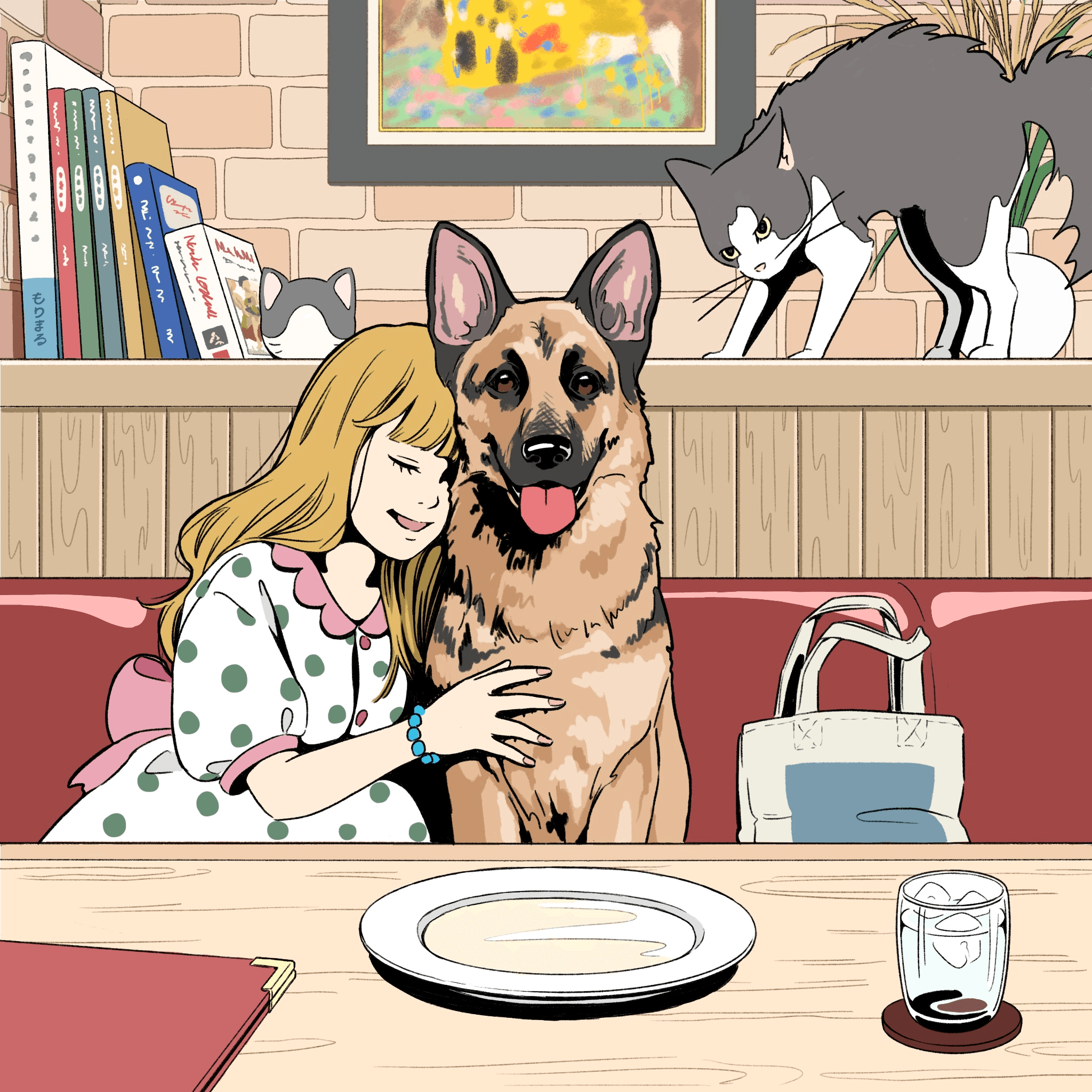 Milk, a German Shepherd came to this cafe