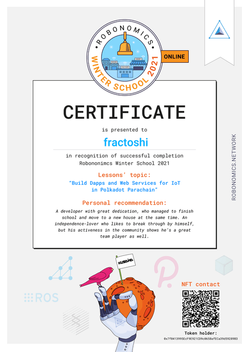Robonomics Winter School 2021 certificate