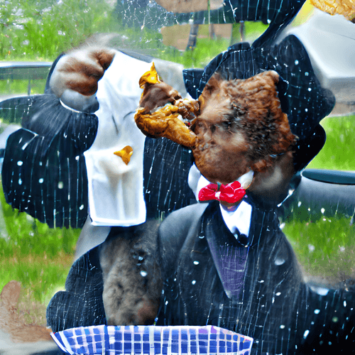 Well educated black man wearing a bowtie eating chicken in the rain on Sunday in Wisconsin S4 Gan 9