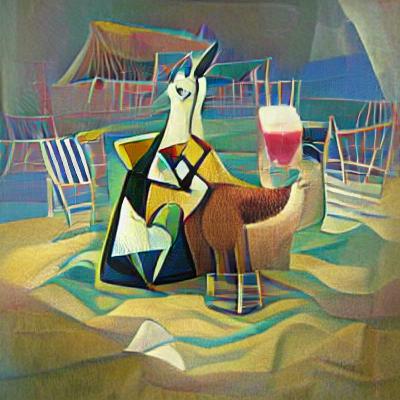 Llama at the beach, drinking a cocktail