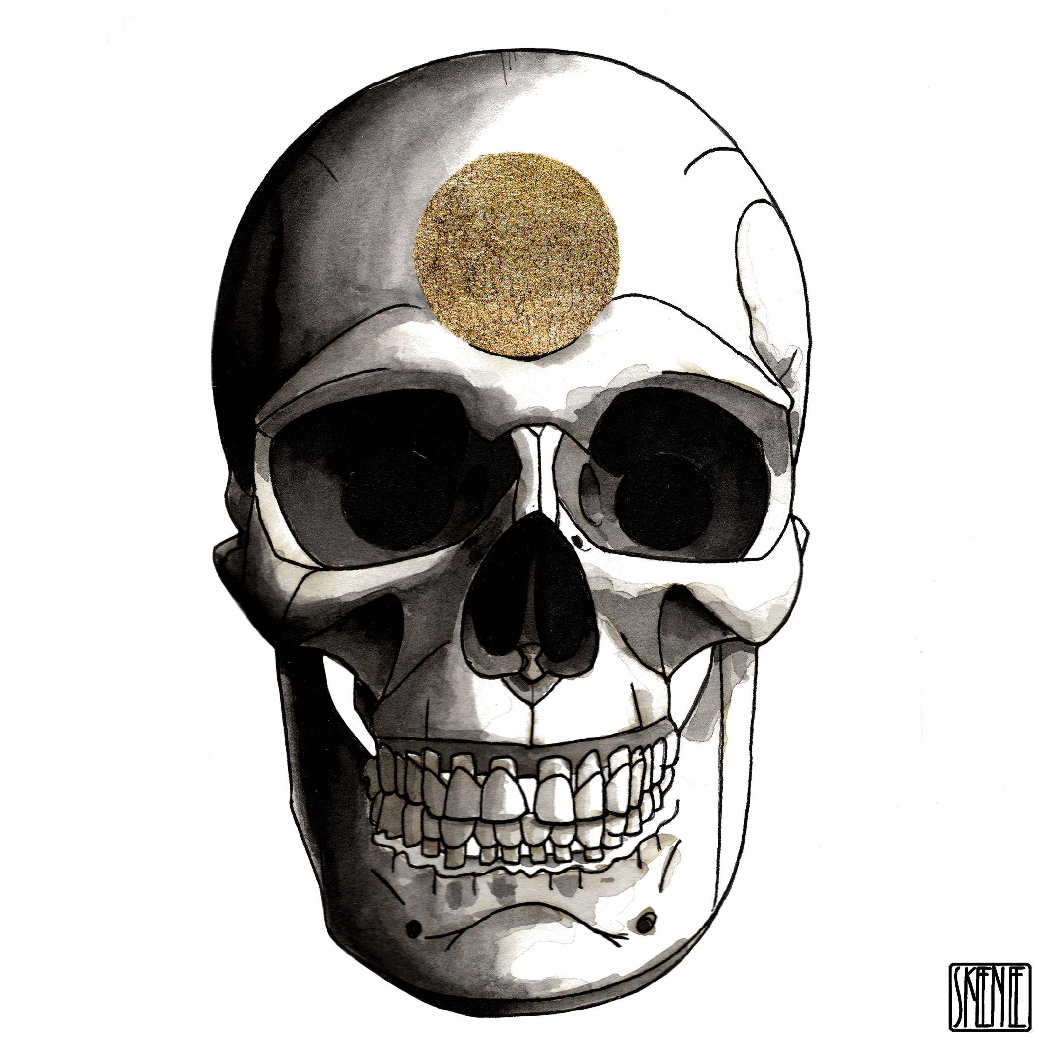 🎨41 | INK & GOLD | Human Skull 08