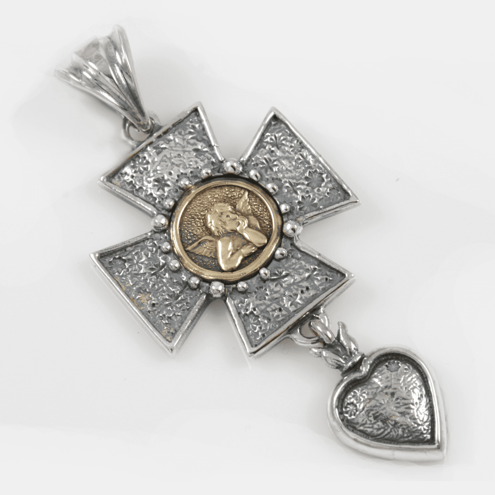 Angel Cross Charm with Heart & Gold Accent on Silver #2