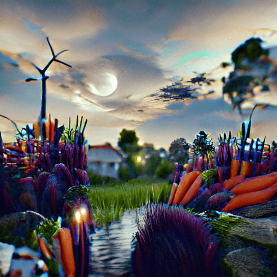 Mountains far away, a house and carrots