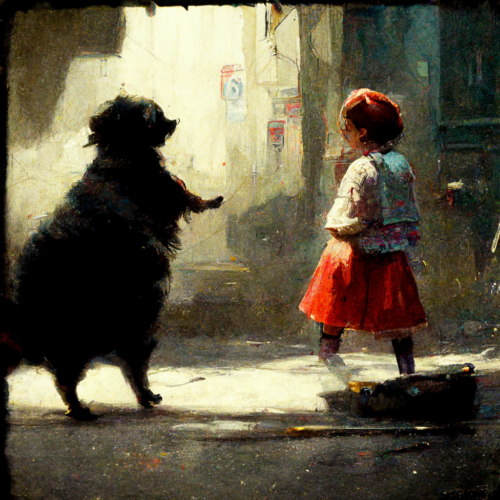 Little fat girl playing with a dog in the street #2