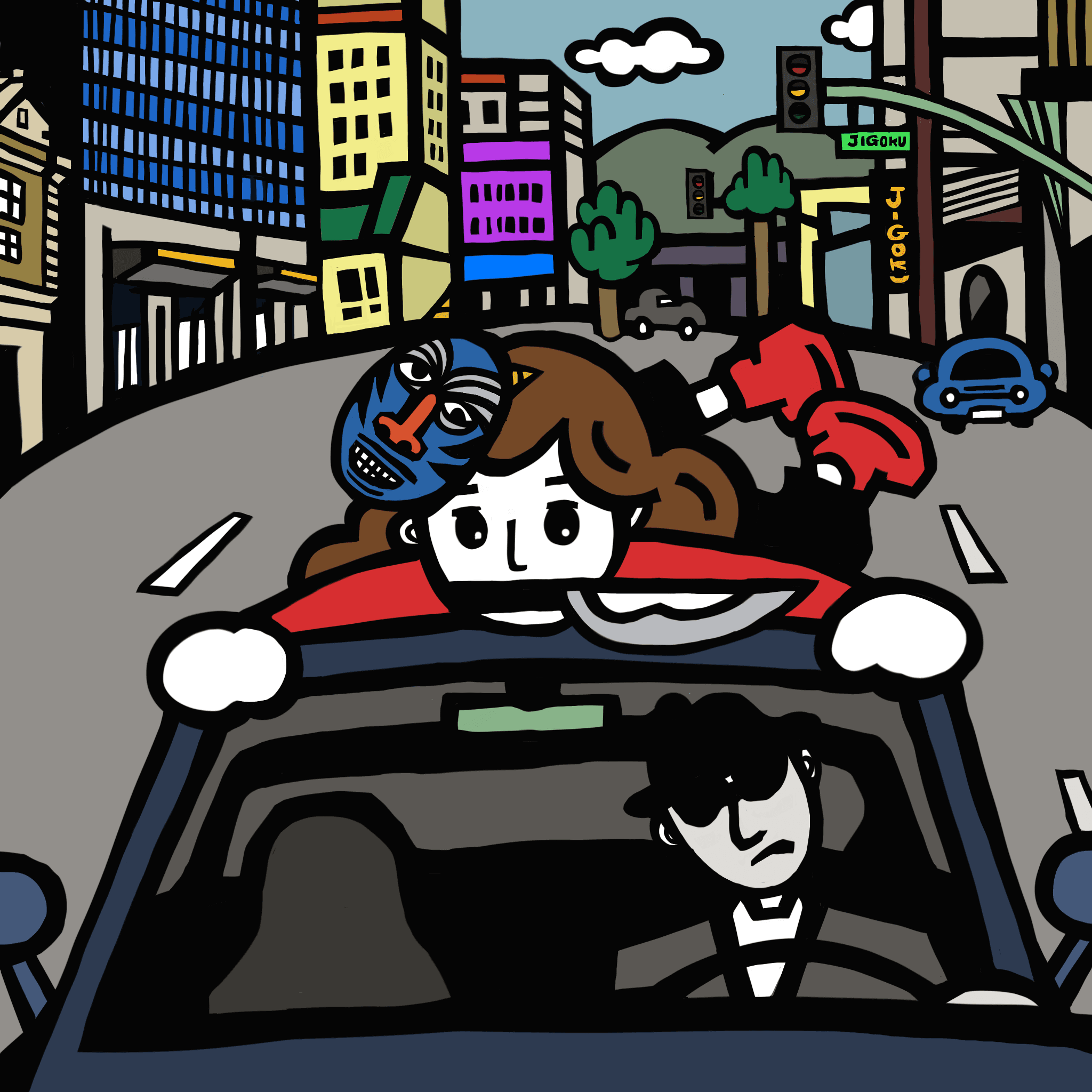 #001 Jigoku_Girl on top of the car.