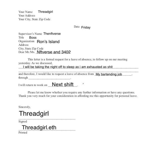 Threadgirl.eth's Sick Day Request