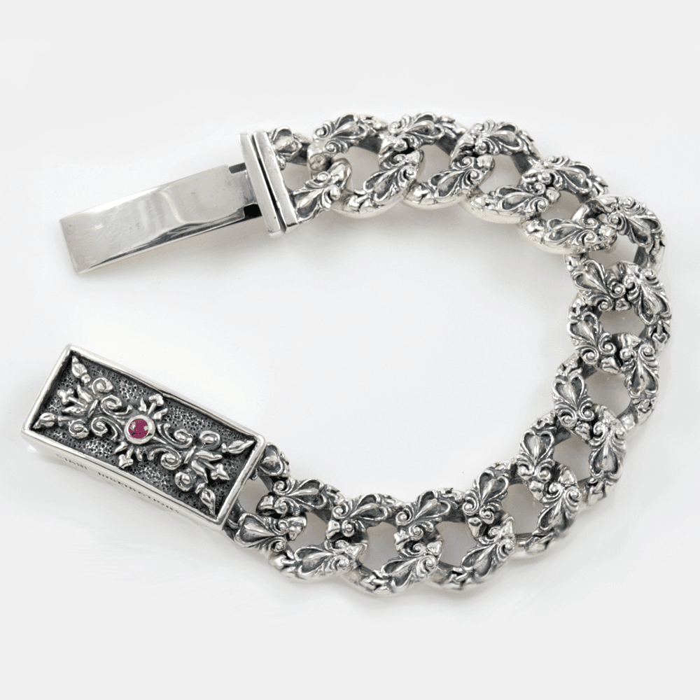 Gothic Sterling Silver Bracelet with Costume Secure Box Lock & Ruby #1