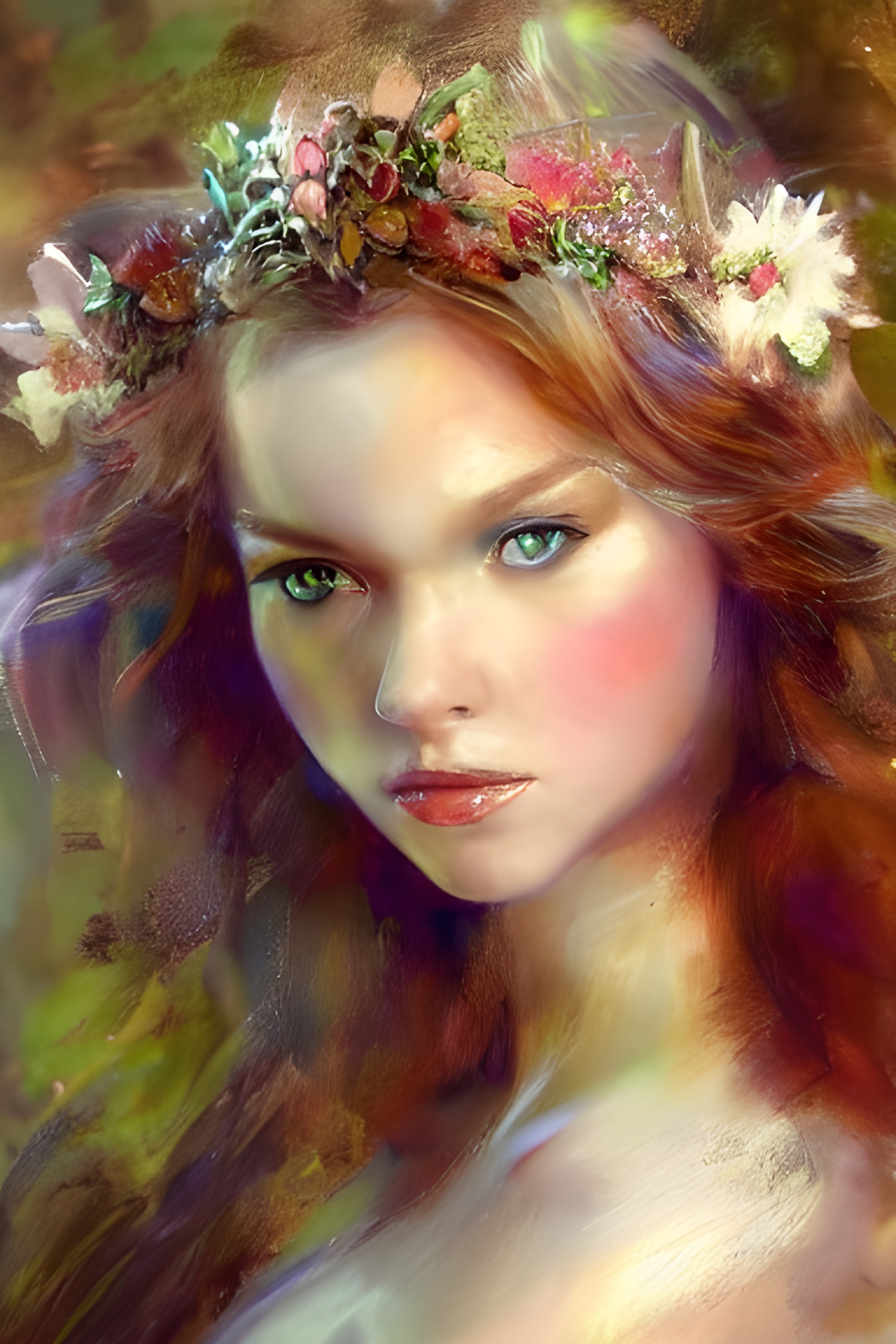 Dreamy kitschy Maiden with Flower Wreath AI Art - non-exclusive personal use