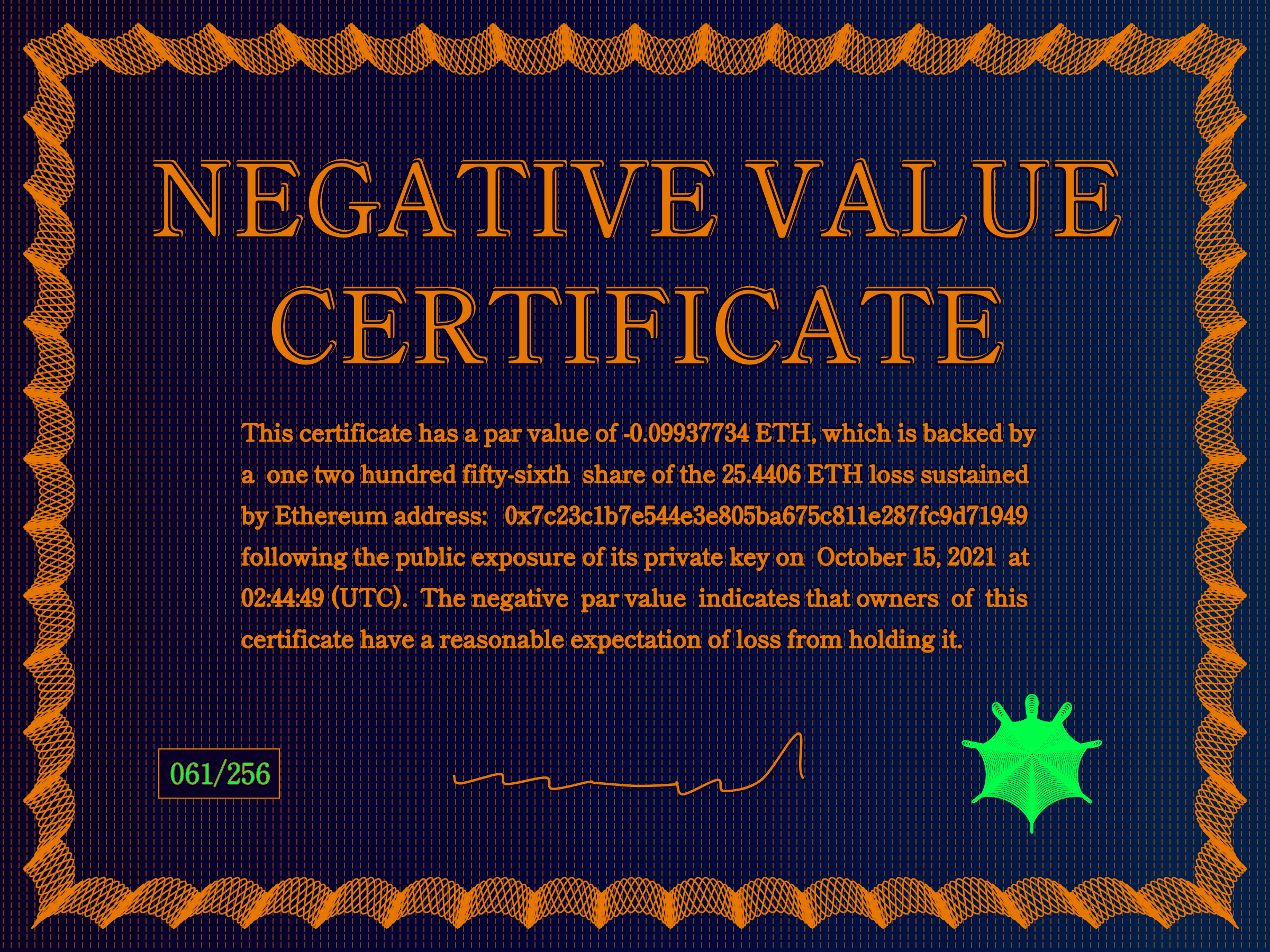 Negative Value Certificate #61 of 256