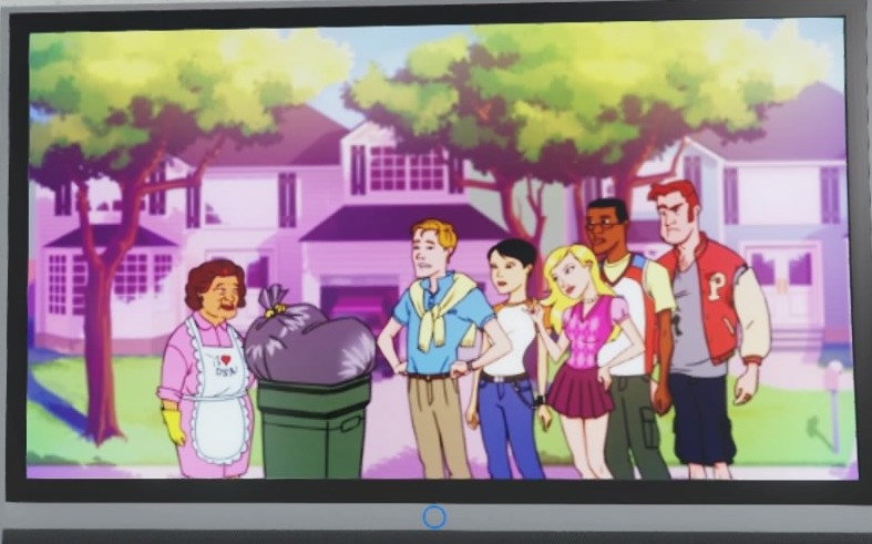 cartoon family members gathered around the trash 1