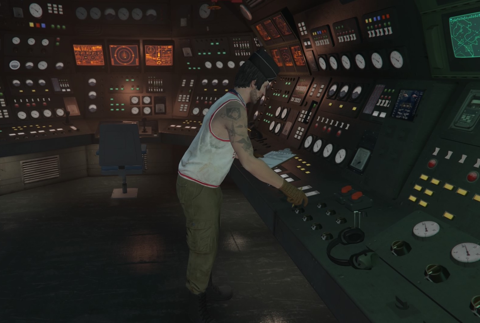 Soldier working on submarine control panel pushing button