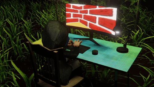 Desktop #232: The Hacker in the French Wood Chair With a Desk Lamp and a Maze Monitor on a Green FELT Zine Table in The Forest