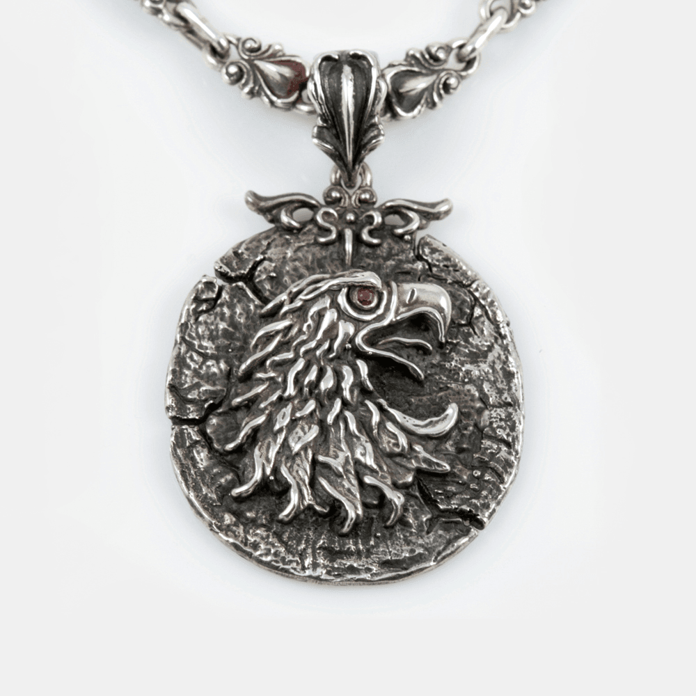 Aryan Eagle Sterling Silver Pendant with Ruby & Gothic Style Chain