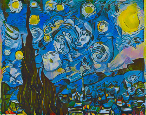 The Starry Night by Vincent van Gogh - digital “repainted” in Picasso style