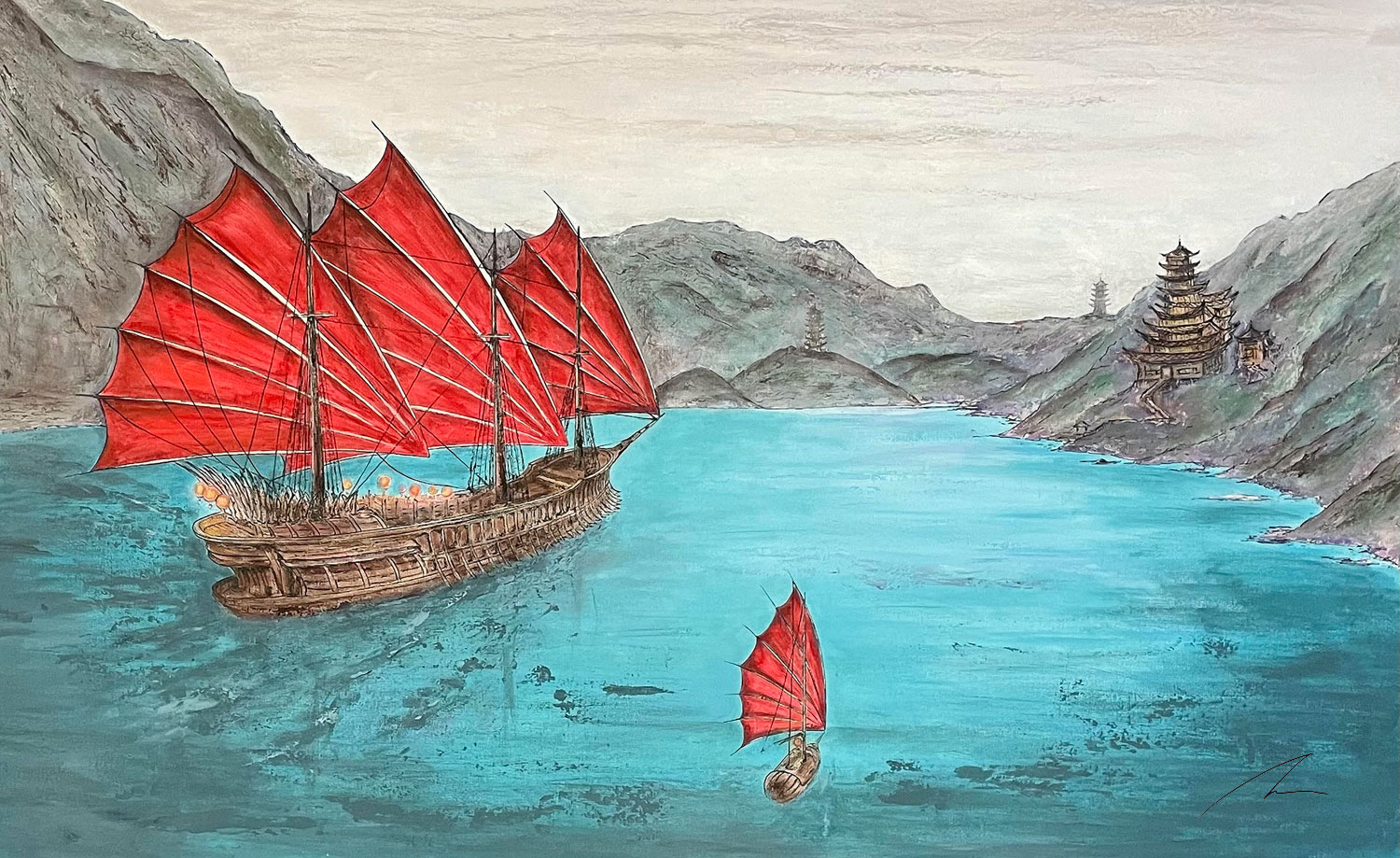 Three Red Junk Ship - Abstract Art 'Tall Sailing Ships' (full format)