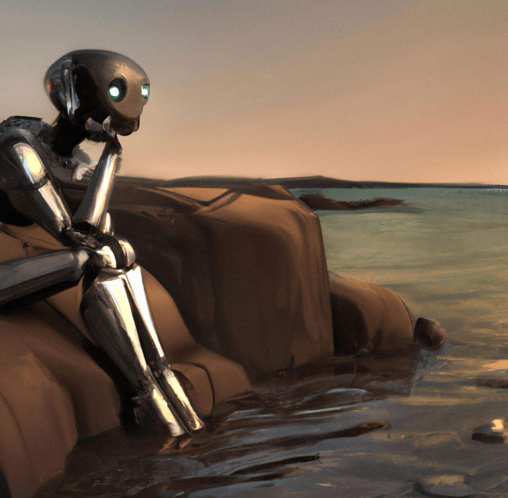 Thinking robot sitting by the sea