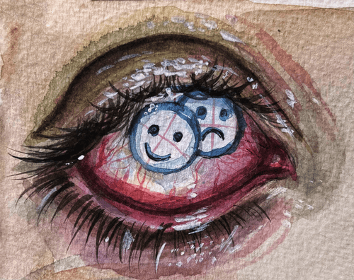 Watercolor eye "I'm having fun and sad"