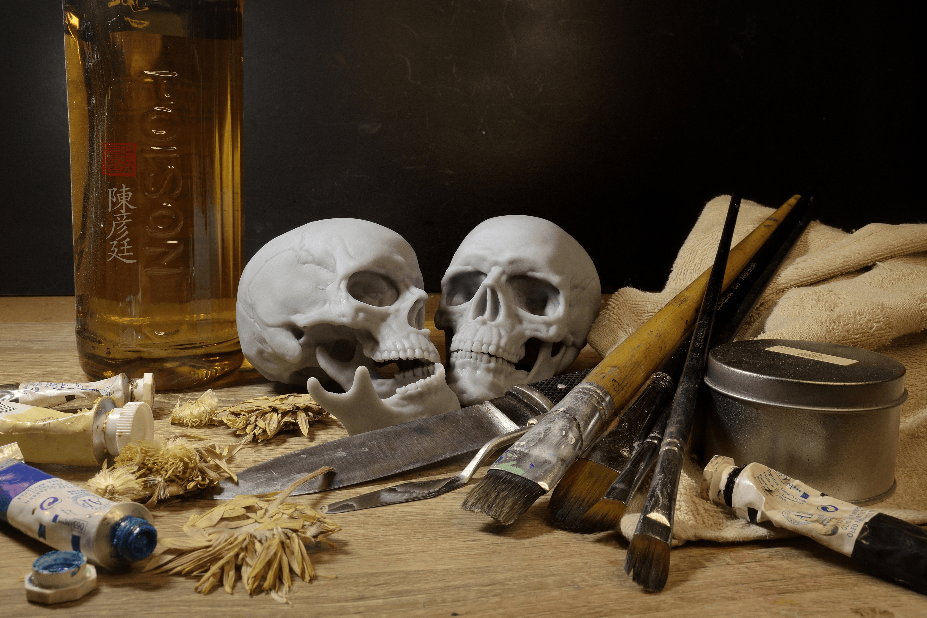 Painters studio with two skulls