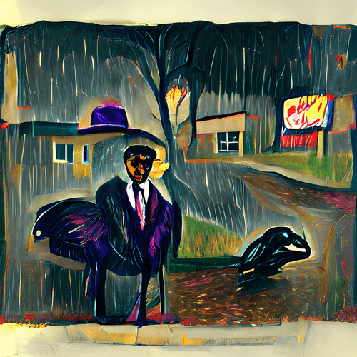 Black man wearing a purple suit eating chicken in the Rain in Wisconsin by Edvard Munch 2/10