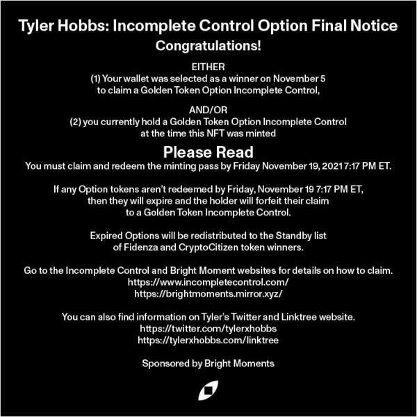 Tyler Hobbs Incomplete Control - Minting Option Winner FINAL NOTICE