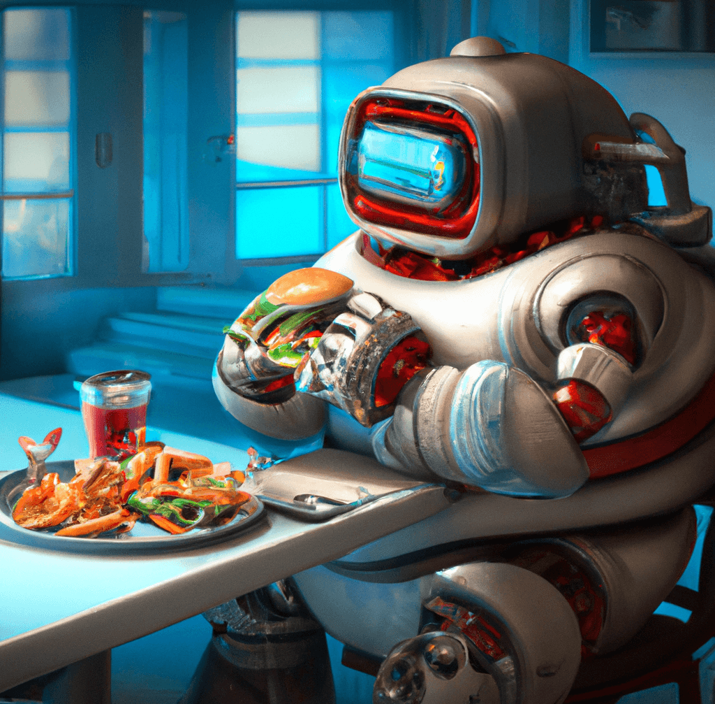 Fat robot eats burger
