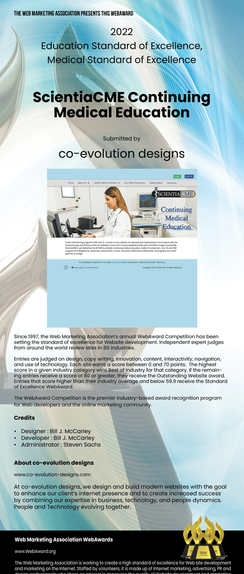 2022 Standard of Excellence WebAwards - ScientiaCME Continuing Medical Education