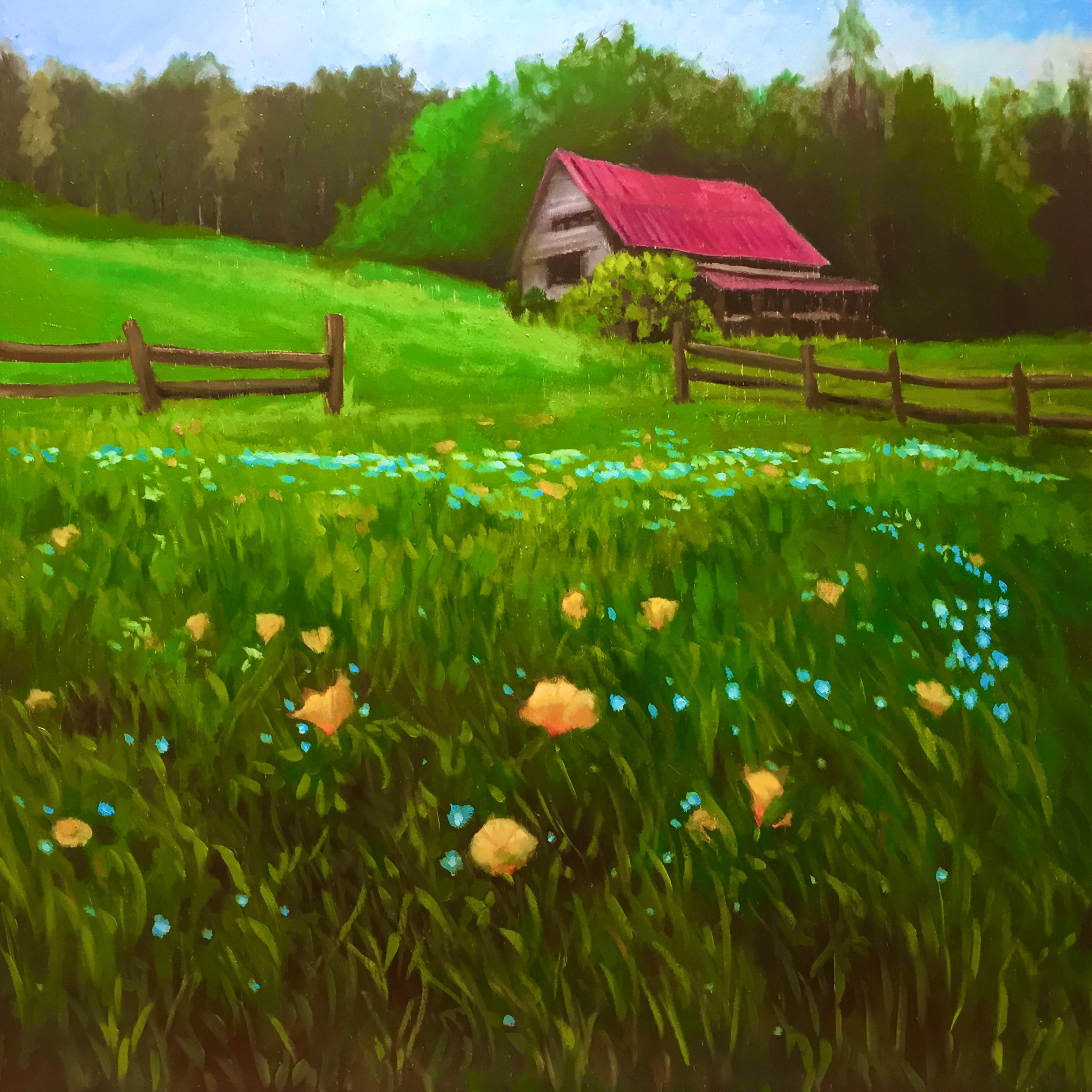 Pink Roof and Wildflowers Impressionist Landscape by Hilary J. England, American artist