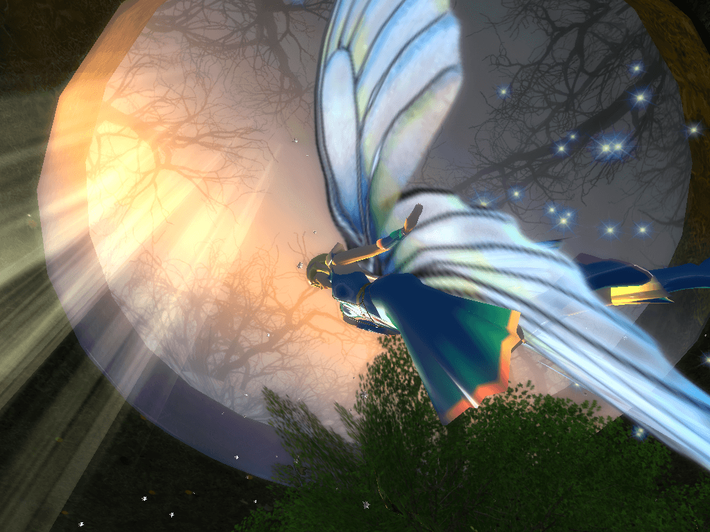 A flying fairy at night.