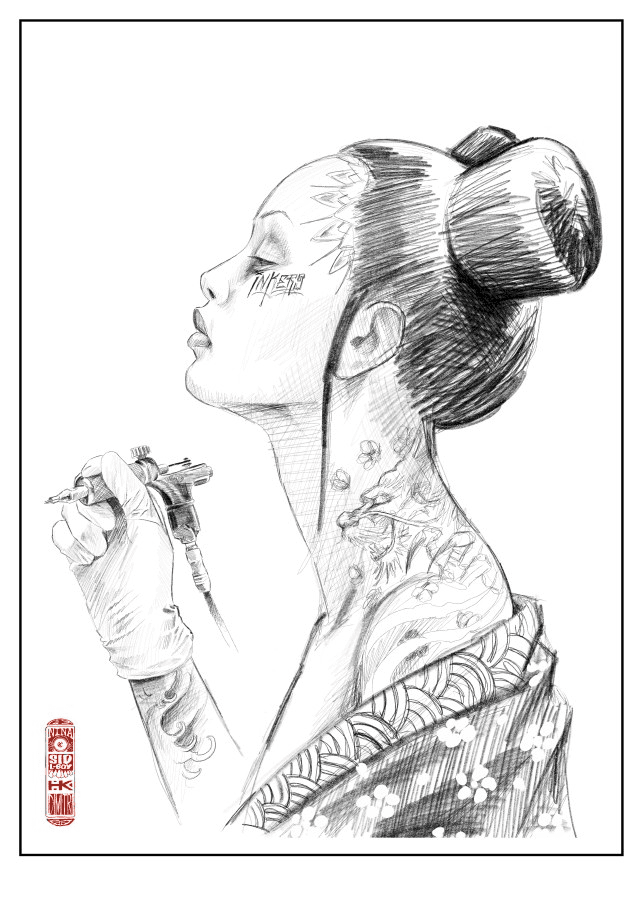 Art Nouveau Sketched Tattooist Geisha (original)