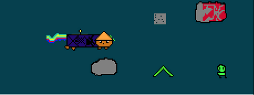 Cat flying in a asteroid place in space