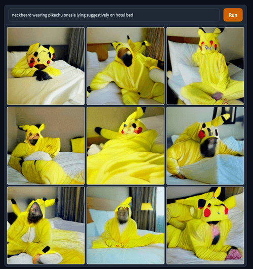 Neckbeard wearing Pikachu onesie lying suggestively on hotel bed 2/20