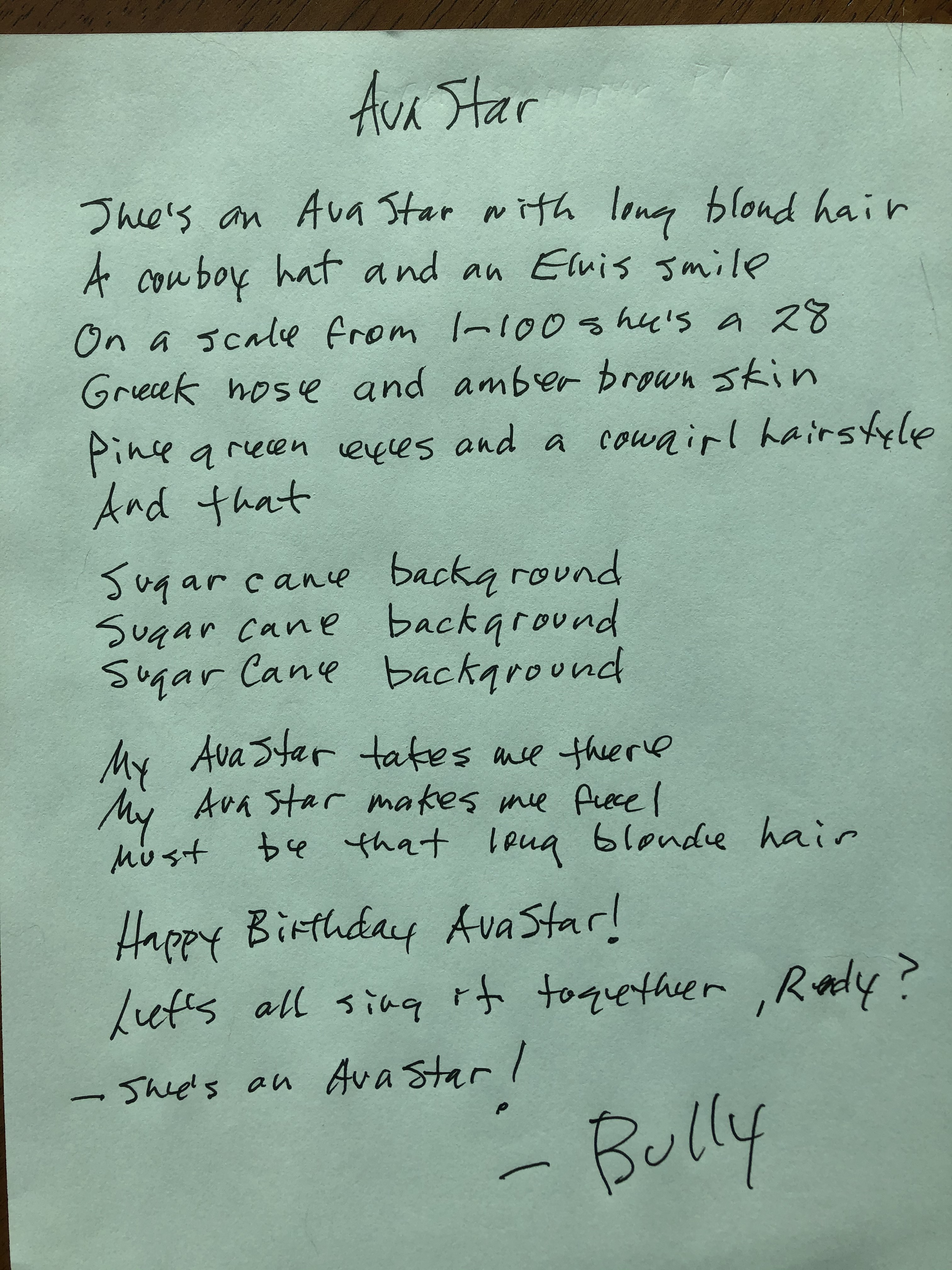Bully Meow AvaStar Handwritten Lyric Sheet