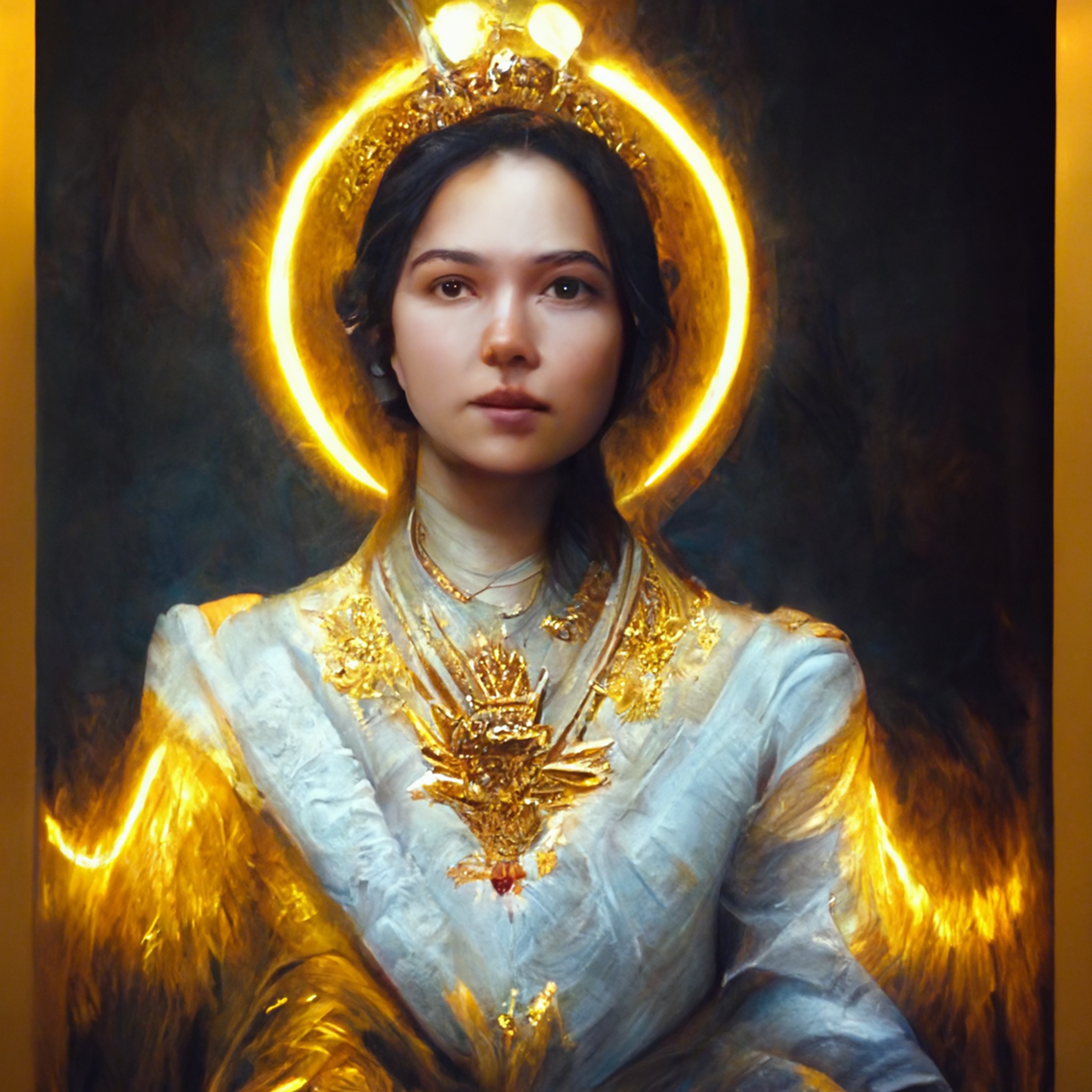 Virgin Mary on Gold Throne No. 1 AI Art 1/1 created by Sollog