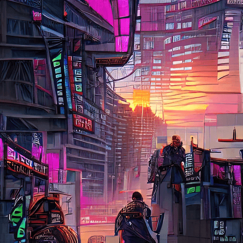 streets of cyberpunk city at sunset dJOGXlagFXOzKydvE5NW