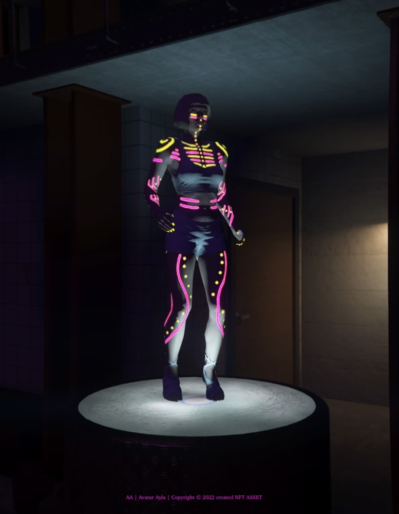 Avatar Ayla dances in her club in a pink neon light outfit2
