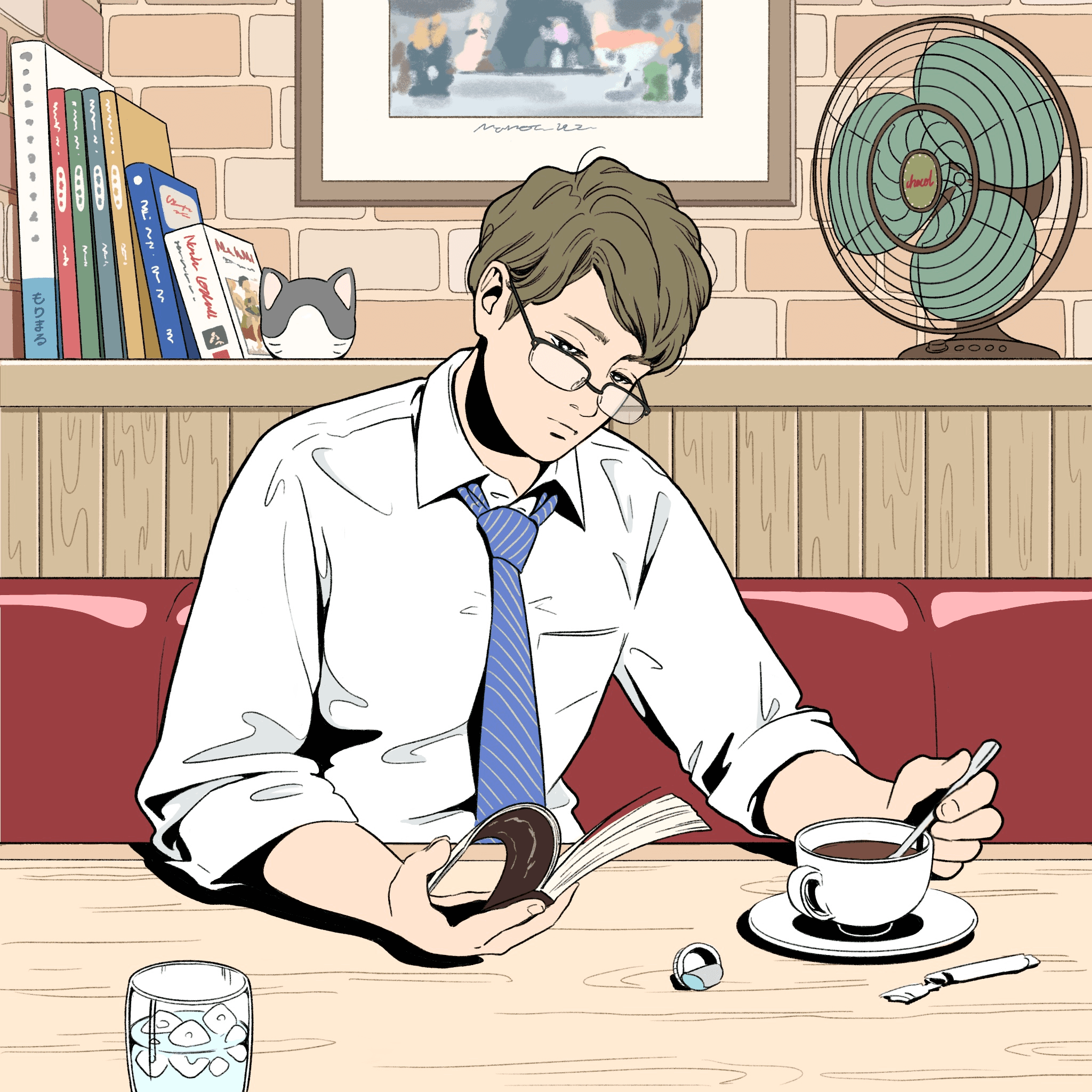 Coffee, he reads book his breaks