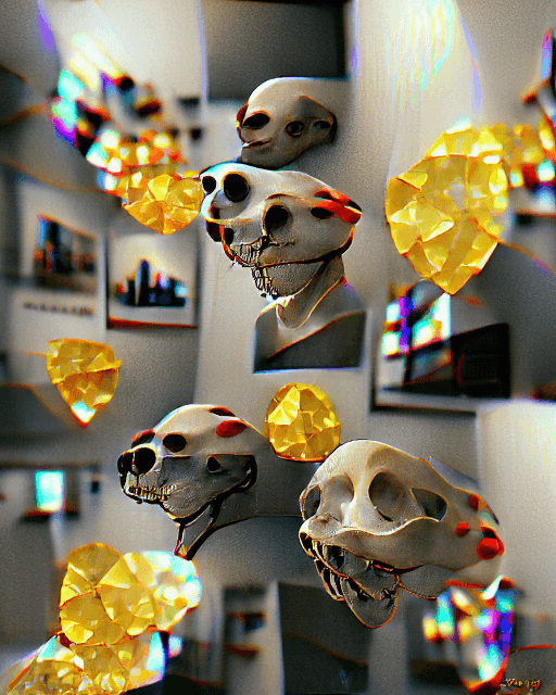 Interdimensional Skulls  Yellow Diamonds Art Exhibition - VqGan+Clip plus Unreal Engine Reality
