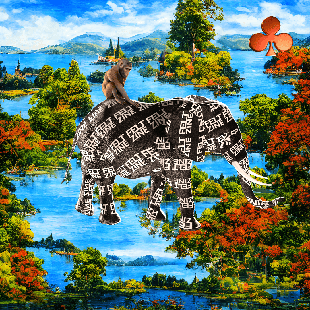 #172 | Monkey riding an elephant covered in Felt Zine Logos scene with background seed 154 and a Red Club card suit