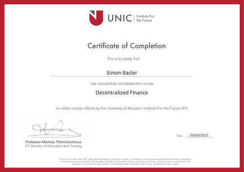 University of Nicosia, BLOC529: Decentralized Finance, Certificate of Completion