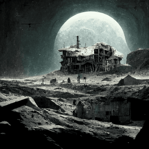 photorealistic abandoned moon settlement