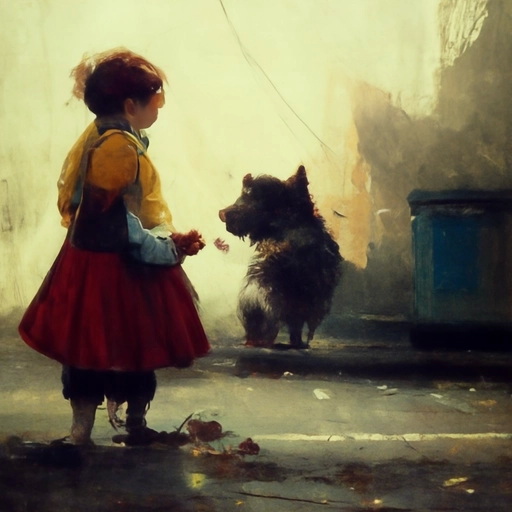 Little fat girl playing with a dog in the street #3